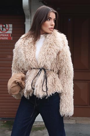 Geniş Yaka Peluş Kürk Mont Kuşaklı 10300