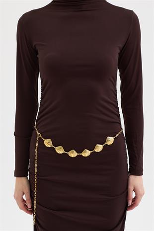 Gold Kemerli ve Drape Detaylı Uzun Elbise 2953