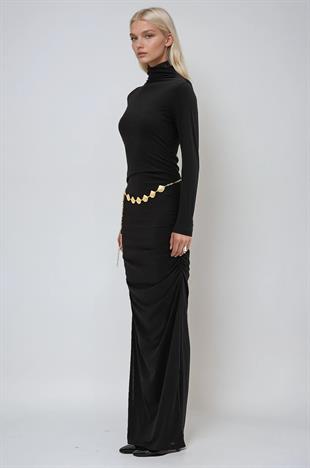 Gold Kemerli ve Drape Detaylı Uzun Elbise 2953