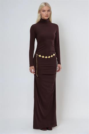 Gold Kemerli ve Drape Detaylı Uzun Elbise 2953