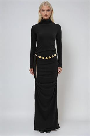 Gold Kemerli ve Drape Detaylı Uzun Elbise 2953