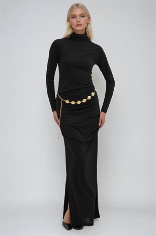 Gold Kemerli ve Drape Detaylı Uzun Elbise 2953