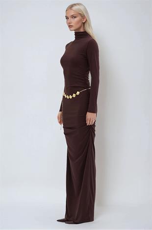 Gold Kemerli ve Drape Detaylı Uzun Elbise 2953