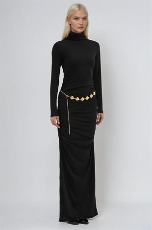 Gold Kemerli ve Drape Detaylı Uzun Elbise 2953