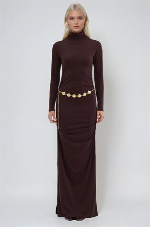 Gold Kemerli ve Drape Detaylı Uzun Elbise 2953