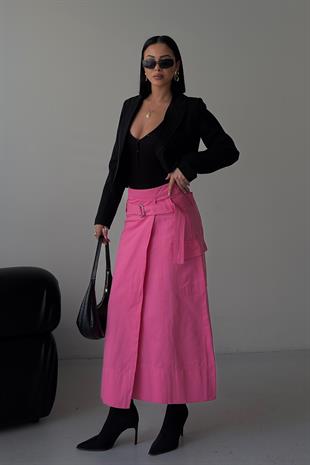 Kendinden Kemerli Önü Yırtmaçlı Gabardin Etek 4092