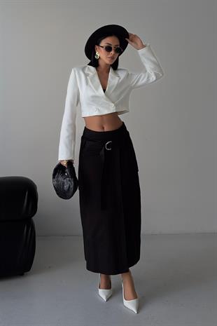 Kendinden Kemerli Önü Yırtmaçlı Gabardin Etek 4092