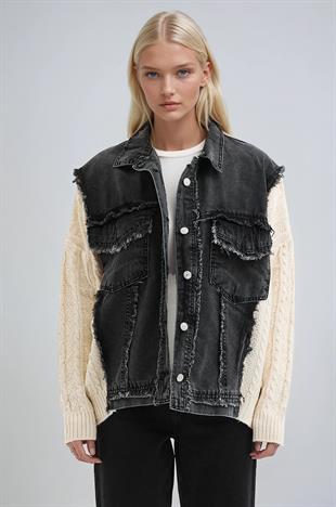 Kol Örgülü Rahat Denim Ceket  6173