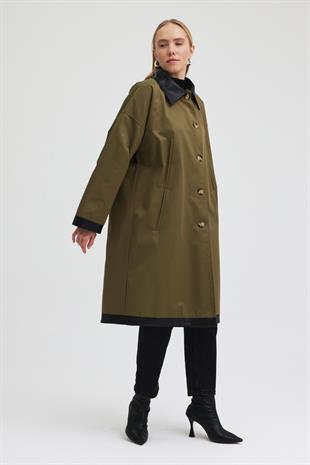Kol ve Yakası Deri Detaylı Oversize Trençkot   7104 R1-H-K4