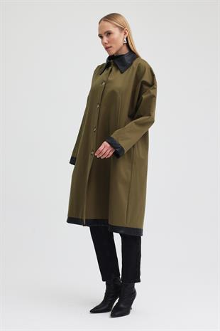 Kol ve Yakası Deri Detaylı Oversize Trençkot   7104 R1-H-K4