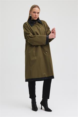 Kol ve Yakası Deri Detaylı Oversize Trençkot   7104 R1-H-K4