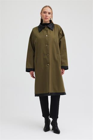 Kol ve Yakası Deri Detaylı Oversize Trençkot   7104 R1-H-K4