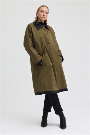 Kol ve Yakası Deri Detaylı Oversize Trençkot   7104 R1-H-K4