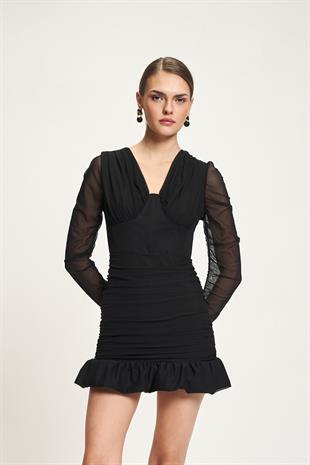 Kolları Tül Fırfırlı Mini Elbise 2925 R5-I-K3