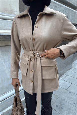 Kuşaklı ve Cepli Midi Gömlek Ceket 6130 R7-K-K4