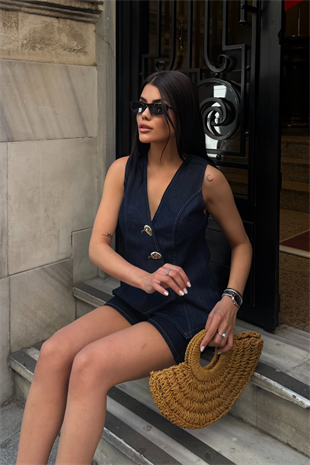Lacivert Denim Düğmeli Yelek ve Şort Takım 10342