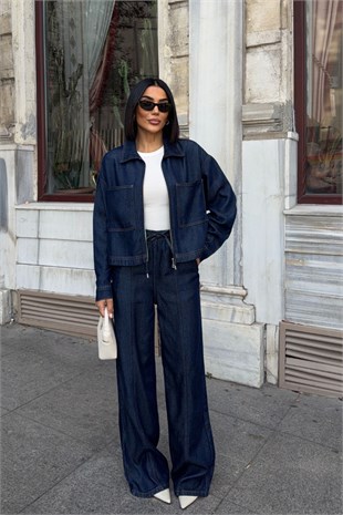 Lacivert Denim Fermuarlı Ceket ve Bol Paça Pantolon İkili Takım 10373