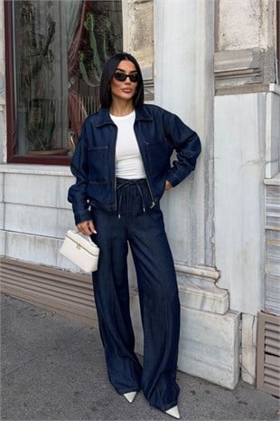 Lacivert Denim Fermuarlı Ceket ve Bol Paça Pantolon İkili Takım 10373