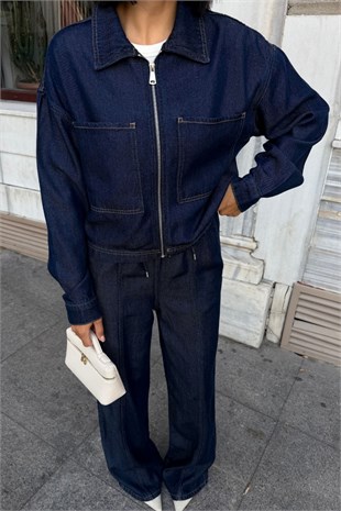 Lacivert Denim Fermuarlı Ceket ve Bol Paça Pantolon İkili Takım 10373