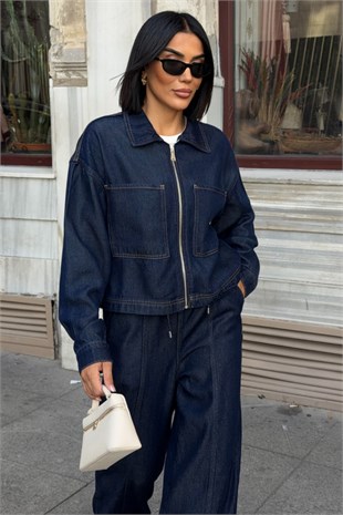 Lacivert Denim Fermuarlı Ceket ve Bol Paça Pantolon İkili Takım 10373