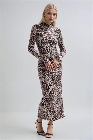 Leopar Desenli Dik Yaka Leopar Elbise 2974