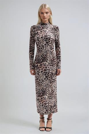Leopar Desenli Dik Yaka Leopar Elbise 2974