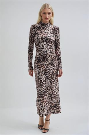 Leopar Desenli Dik Yaka Leopar Elbise 2974