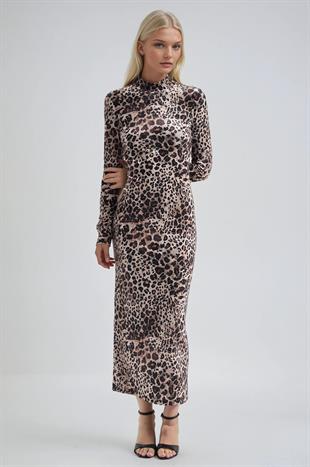 Leopar Desenli Dik Yaka Leopar Elbise 2974