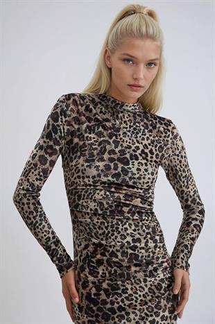 Leopar Desenli Uzun Kadife Elbise 2989