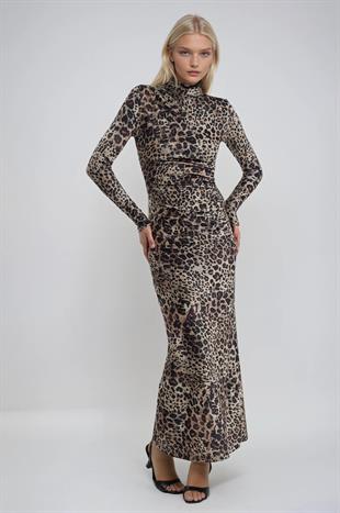 Leopar Desenli Uzun Kadife Elbise 2989