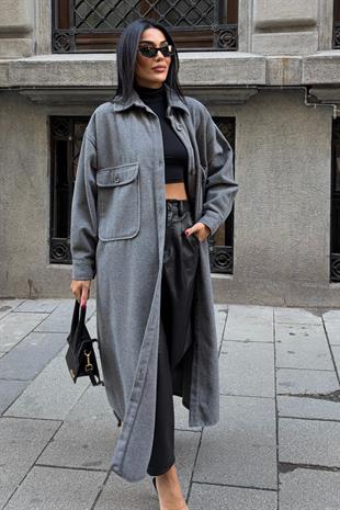 Oversize Cepli Düğmeli Uzun Kaşe Kaban 7131