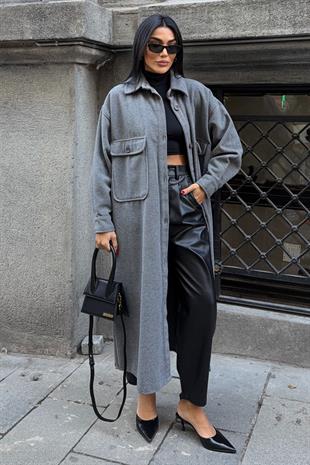 Oversize Cepli Düğmeli Uzun Kaşe Kaban 7131