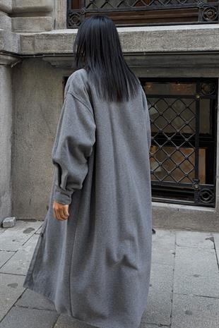 Oversize Cepli Düğmeli Uzun Kaşe Kaban 7131