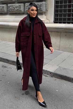Oversize Cepli Düğmeli Uzun Kaşe Kaban 7131