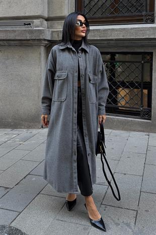 Oversize Cepli Düğmeli Uzun Kaşe Kaban 7131