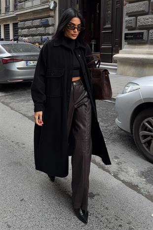 Oversize Cepli Düğmeli Uzun Kaşe Kaban 7131