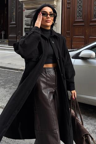 Oversize Cepli Düğmeli Uzun Kaşe Kaban 7131