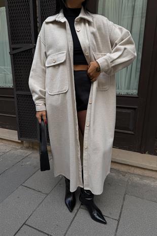 Oversize Cepli Düğmeli Uzun Kaşe Kaban 7131