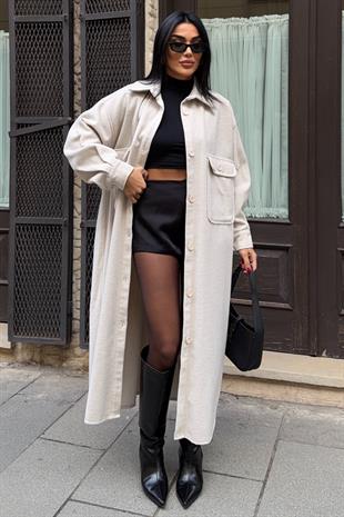 Oversize Cepli Düğmeli Uzun Kaşe Kaban 7131