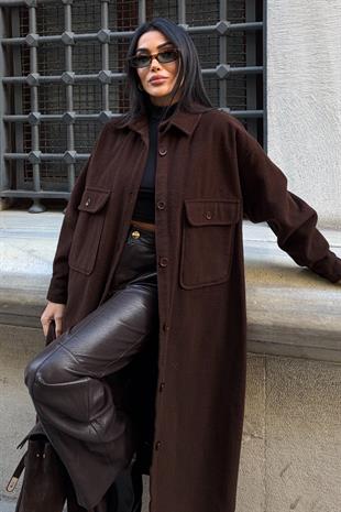 Oversize Cepli Düğmeli Uzun Kaşe Kaban 7131