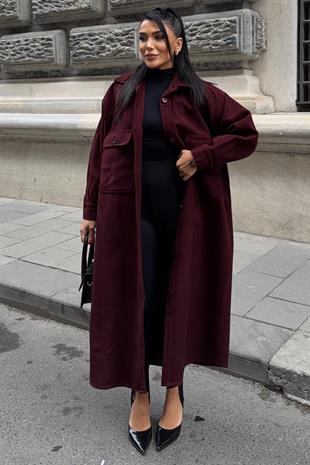 Oversize Cepli Düğmeli Uzun Kaşe Kaban 7131