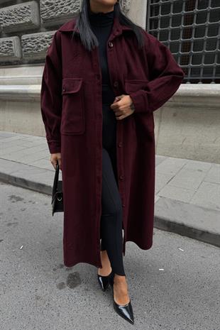 Oversize Cepli Düğmeli Uzun Kaşe Kaban 7131