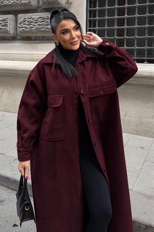 Oversize Cepli Düğmeli Uzun Kaşe Kaban 7131