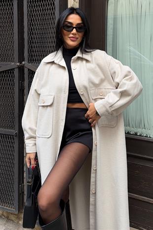 Oversize Cepli Düğmeli Uzun Kaşe Kaban 7131