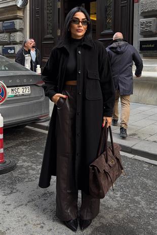 Oversize Cepli Düğmeli Uzun Kaşe Kaban 7131