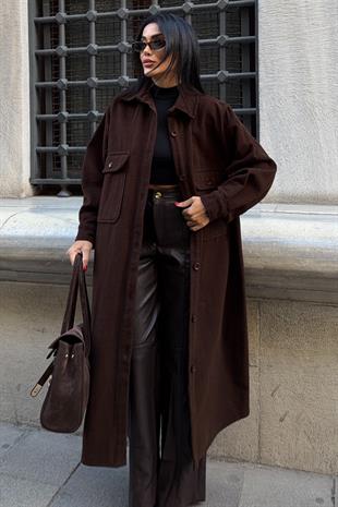 Oversize Cepli Düğmeli Uzun Kaşe Kaban 7131