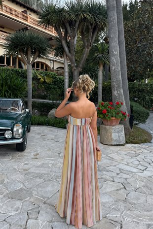 Pastel Çizgili Straplez Maxi Elbise 2062