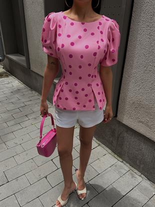 Pembe Puantiyeli Vatkalı Balon Kol Bluz 3483