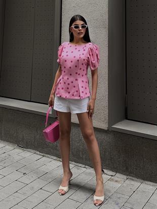 Pembe Puantiyeli Vatkalı Balon Kol Bluz 3483