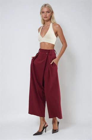 Pileli Yüksek Bel Wide Leg Pantolon   0121